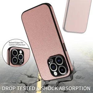 Detailed view of pink lychee texture phone case featuring raised camera protection edge.
