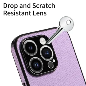 Litchi pattern leather phone case for iPhone with full camera lens protection and scratch resistance.