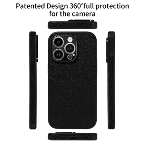 Detailed multi-angle view of black litchi leather phone case with full camera protection.