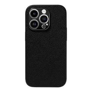 Black litchi pattern leather phone case detail, full protection cover for smartphone model.