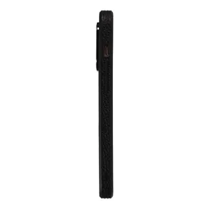Detailed view of the black litchi pattern protective phone case showing precision side buttons.