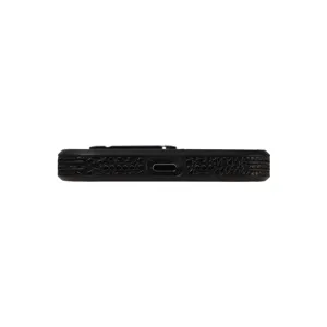 Black litchi texture phone case bottom detail view, precise cutouts for charging port and speakers.