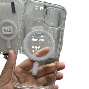 Transparent magnetic phone case with acrylic hard back and drop-proof corners for iPhone.