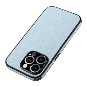 Light blue litchi pattern leather phone case detail, close-up of camera protection design.