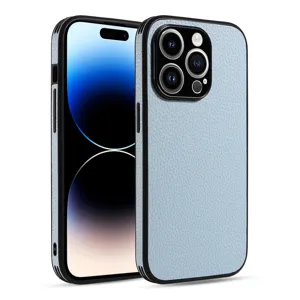 Stylish blue lychee pattern leather phone case with full coverage drop-proof design.