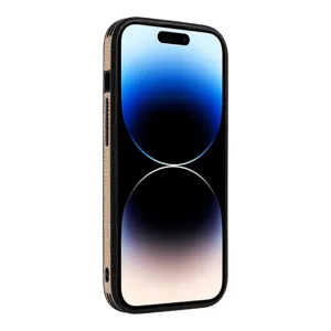 Leather textured phone case with black frame, stylish protective cover for smartphone.