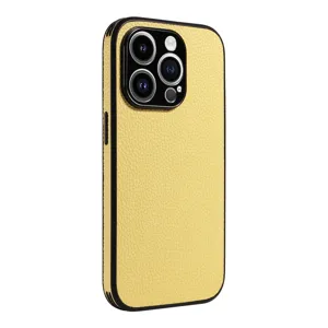 Yellow lychee texture leather phone case with black frame precise camera cutout protective cover