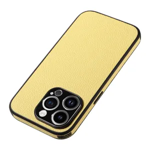 Detailed view of yellow litchi pattern leather phone case, premium drop-proof cover for mobile.