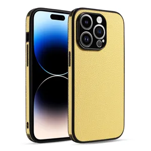 Yellow litchi leather phone case for iPhone, premium full coverage protective back cover.