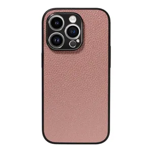 Pink litchi texture leather phone case for iPhone, full coverage protective back cover.