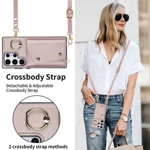 Ροζ δερμάτινη θήκη τηλεφώνου crossbody για Samsung με θήκη καρτών, δαχτυλίδι και ρυθμιζόμενο λουράκι.