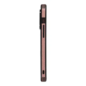 Detailed side view of the protective phone case showing precise buttons and litchi leather texture.