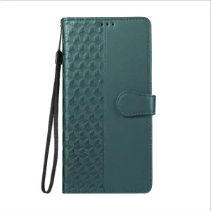 Étui de téléphone à rabat géométrique 3D vert foncé avec fermoir aimanté et dragonne.