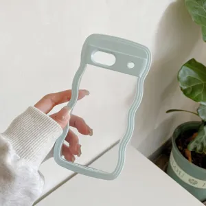 Clear wavy phone case detail, pastel green border for Google Pixel, transparent PC hard cover.