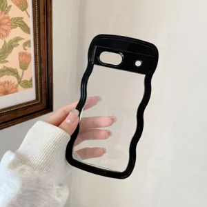 Google Pixel 7a 8a transparent PC phone case with stylish black wavy edge design clear back