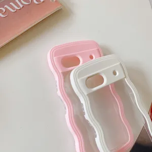 Close-up view of two-tone wavy transparent phone case, stylish dual layer design detail.