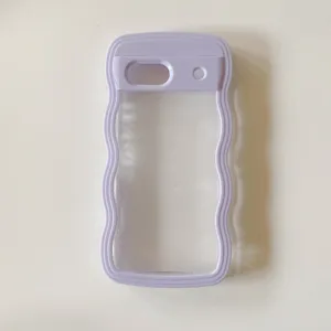 Clear wavy phone case with pastel purple frame, shockproof protective back cover.