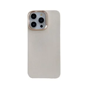 Coque de téléphone unie minimaliste en similicuir avec cadre de caméra doré pour mobile