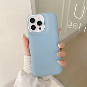 Detail view of light blue liquid silicone phone case with white camera protection frame.