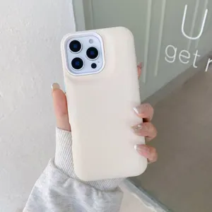 Detailed close-up view of the beige liquid silicone phone case highlighting its smooth texture.