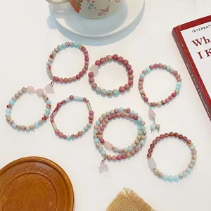 Fresh Sweet Shoushan Stone Rose Quartz Beaded Bracelet For Women Mori Girl Style Strawberry Quartz Rhodochrosite Lotus Pod Gourd Pendant Charms Bracelet Gift