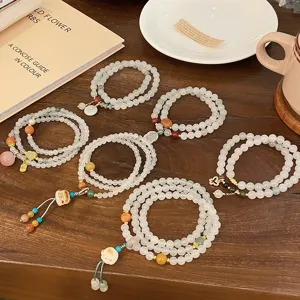 Chinese Style Tianshan Green Jade Beaded Multi Layer Bracelet Elegant Lucky Cat Peach Pendant Bracelet For Women Fine Jewelry