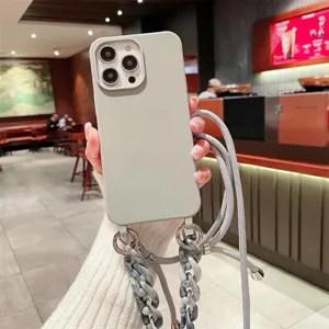Solid Color Matte Silicone Crossbody Phone Case With Removable Acrylic Resin Chain Lanyard For Apple iPhone Shockproof Protective Cover