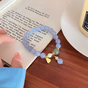 Natural stone blue beaded bracelet with sweet fairy style, elegant gold charm jewelry.