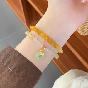 Exquisite Chinese style multi-layer agate bracelet safety buckle detail for women.