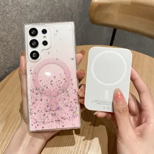 Glitter Magnetic TPU Phone Case for Samsung S24, Gradient Pink Protective Cover with Ring.