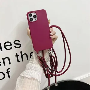 Crossbody silicone phone case with strap and chain for iPhone, candy color protective cover.