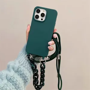 Dark green silicone phone case detail showing the chunky resin chain and crossbody strap.