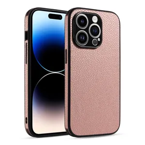 Rose gold litchi texture leather phone case with full camera protection and anti-drop design.