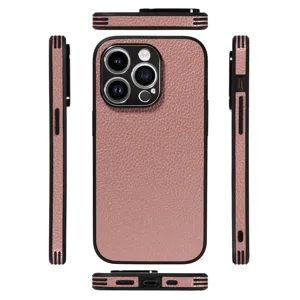 Pink lychee texture leather phone case full protective cover for iPhone multi angles view