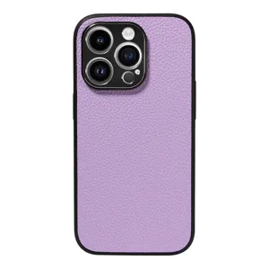 Purple lychee texture leather phone case detail, elegant full coverage drop protection.