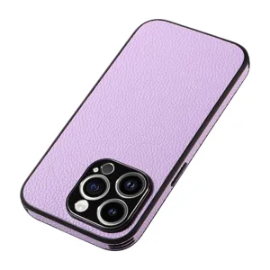 Premium litchi grain leather phone case with full camera protection in elegant purple color.