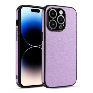Purple lychee leather phone case detail view, full coverage protective back cover design.