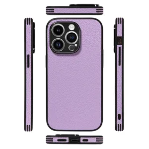 Purple litchi leather phone case full coverage anti-drop protective back cover for iPhone.
