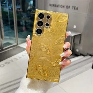 Electroplated gold leaf phone case compatible with Samsung Ultra, luxury TPU soft protective cover.