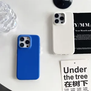 Minimalist solid color phone case with fine leather texture, full camera protection for iPhone.