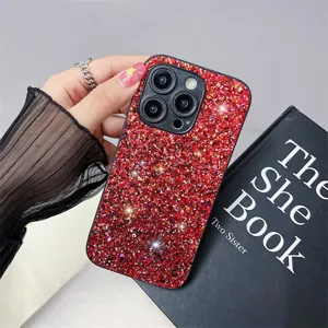 Red glitter phone case with shiny diamond details for mobile protection, stylish and sparkly accessory.