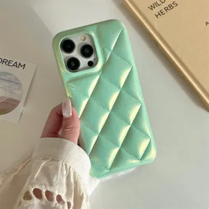 Detailed view of the glossy pastel green quilted phone case with full camera protection.