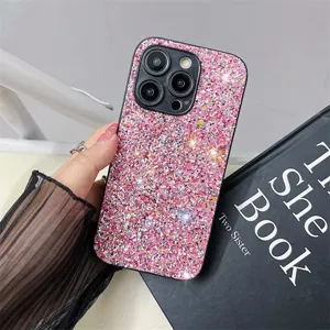 Glitter bling pink phone case for iPhone 14 15 Pro Max full protective back cover detail