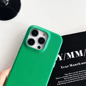 Green leather phone case detail view, full camera protection, minimalist elegant style.
