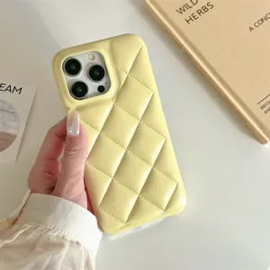 INS yellow quilted soft phone case detail view, luxury leather texture for iPhone 14 15 Pro.