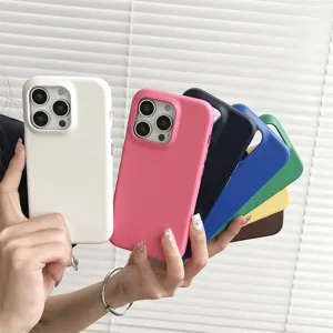 Detail view of multi-color solid leather texture phone case, elegant hand display style.