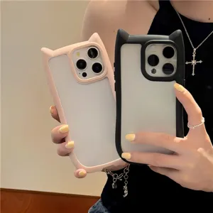 Schattig 3D Kattenoren Siliconen Smartphonehoesje Schokbestendige Beschermhoes Voor Phone 15 16 17 Pro Max Effen Kleur Ontwerp