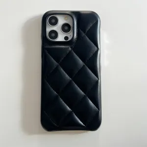 Black quilted leather phone case compatible with iPhone Pro, soft silicone protective back cover.