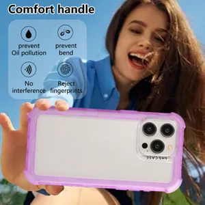 Frosted 3-in-1 drop-proof protective phone case with comfortable purple frame and clear back.
