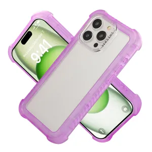 Detailed view of purple frosted anti-drop phone case with clear back and shockproof corners.